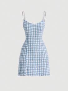 SHEIN MOD 格紋粗花呢吊帶洋裝 - 藍白色 - 查看 1