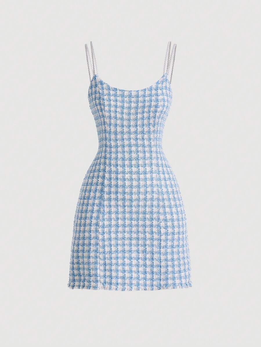 SHEIN MOD 格紋粗花呢吊帶洋裝 - 藍白色 - 查看 1