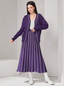 Mulvari 女士紫色條紋毛衣與裙子套裝 - 紫色 - 查看 6