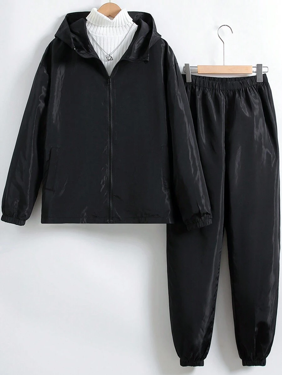 Tonåring Pojke Dragkedja Huva Vindjacka & byxor utan Tröja - Svart - Visa 1