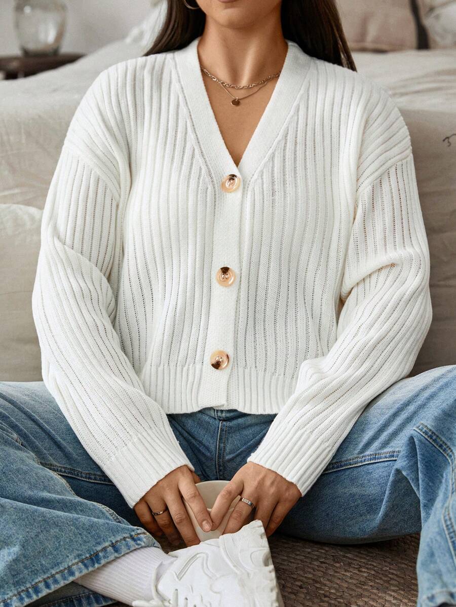 Flirla Hơn Thả vai Đồ đan Ribbed Áo len Mở - trắng - Xem 1