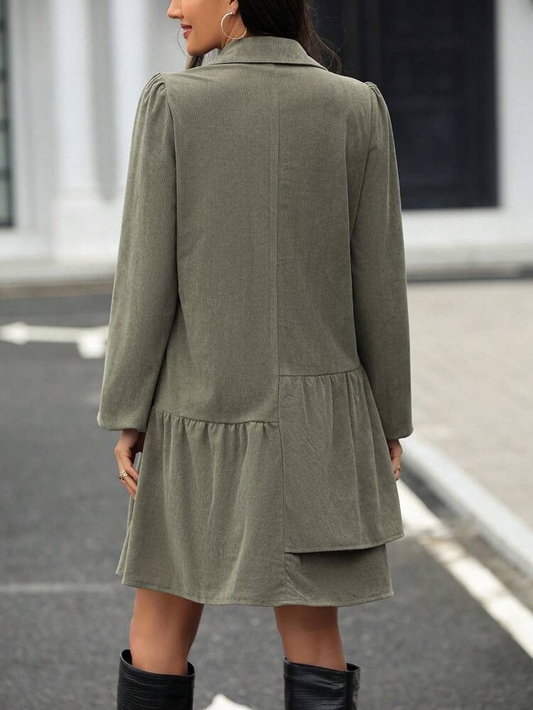 Lantern Sleeve Ruffle Hem Shirt Dress Without Belt