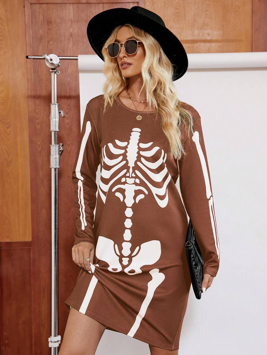 SHEIN LUNE In Bộ xương Váy áo thun - Cà phê - Xem 1