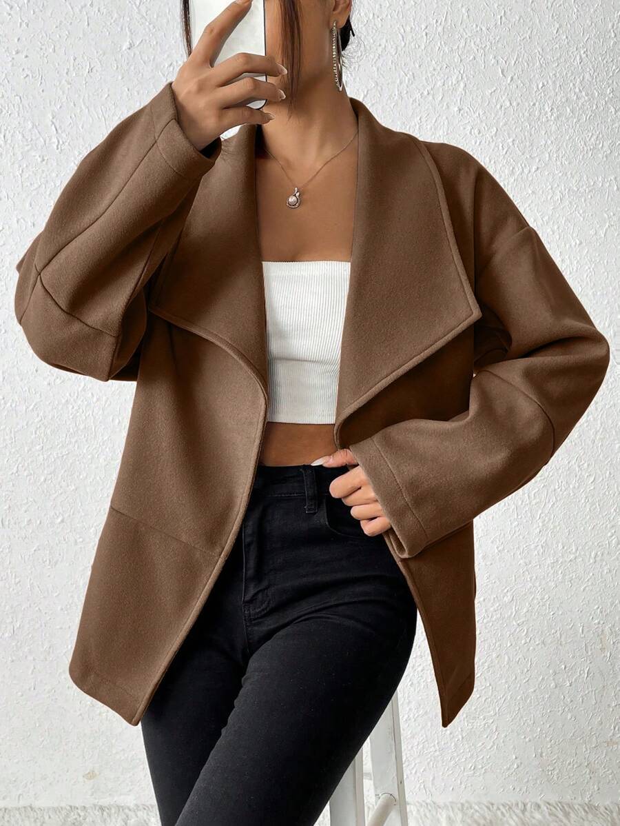 Chiquease Cổ áo thác nước Thả vai Mở Mặt trước Áo khoác - màu nâu - Xem 1