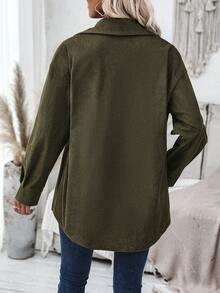 EMERY ROSE Flap Pocket Drop Shoulder Corduroy Coat - Army Green - View 2