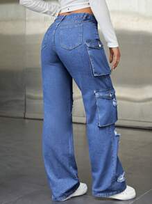 SHEIN ICON Ripped Flap Pocket Side Cargo Jeans - Dark Wash - View 2