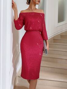 Allurite Của phụ nữ Off Shoulder Kim sa Đầm - Màu Hồng Tươi - Xem 4