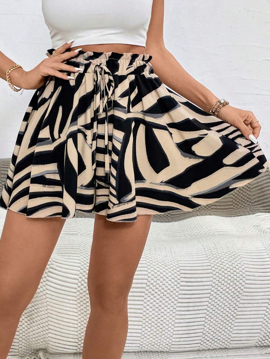 Breezaya Pantalones Cortos Con Cintura Estilo Paperbag Y Estampado Completo Con Lazo Delantero - Negro - Ver 1