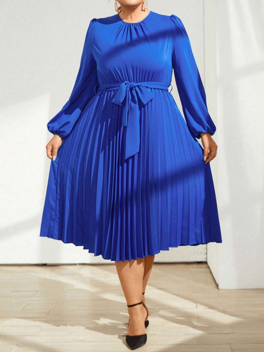 SHEIN Privé Của phụ nữ Kích thước lớn Tay áo lồng đèn Viền xếp Váy có thắt lưng - Màu xanh lam - Xem 1