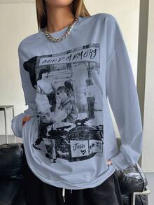 DAZY Đồ họa Hình & Chữ cái Áo thun Thả vai - Màu xanh bụi bặm - Xem 5