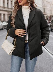 SHEIN LUNE 披肩领加厚棉服外套冬季衣服带斜口袋和腰带 - 黑色 - 查看 5