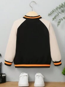 SHEIN Young Boy Letter Graphic Raglan Sleeve Striped Trim Colorblock Varsity Jacket - Black - View 2
