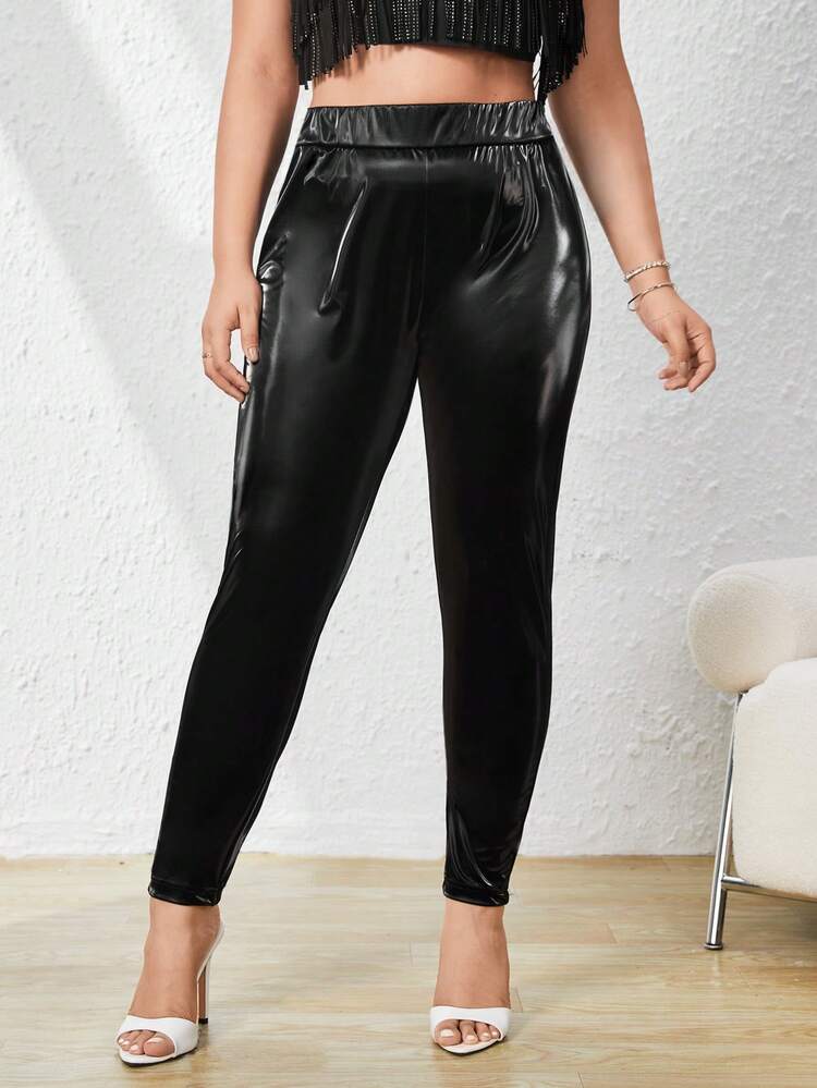 Plus Size Shiny Back Knot Stretch Leggings