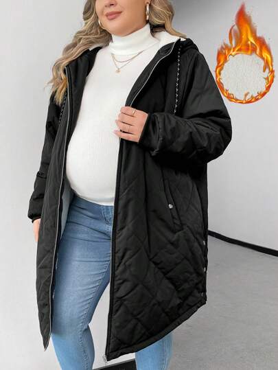 SHEIN Maternity Plus Size Zipper Front Hoodie With Thermal Lined , For Winter