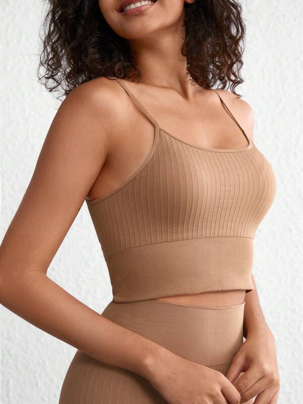 Ocili Tops de mujer cómodos con acolchado no removible, sólido y elástico extremadamente extendido, sin costuras y amigable con la piel, en ribete ancho color caqui