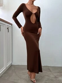 RueChic Cut Out Front Bodycon Dress - Coffee - View 5