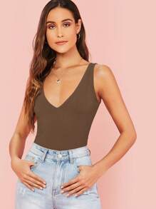 SHEIN Essnce 女士v領純色簡約夏季背心 - 摩卡棕 - 查看 1