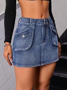 SHEIN ICON Flap Pocket Denim Skirt - Dark Wash - View 1