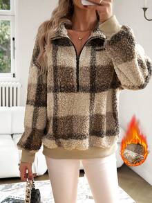 SHEIN Essnce Plaid Print Half Zip Drop Shoulder Teddy Sweatshirt - Khaki - View 6