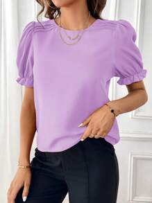 SHEIN Essnce Blusa de manga abullonada sólida, blusas de manga corta