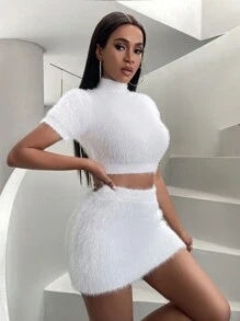 SHEIN Slayr Falda Corta Blanca De Cintura Alta De Imitación De Piel De Visón - Blanco - Ver 7
