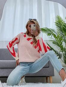 SHEIN Unity Vòng cổ Thả vai Sọc Áo len - Đỏ - Xem 5