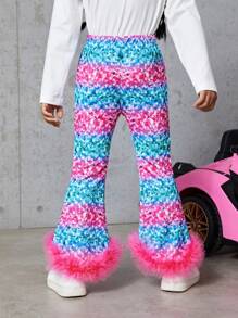 SHEIN Young Girl Allover Print Fuzzy Trim Flare Leg Pants