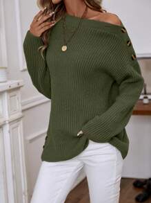 EMERY ROSE 女式下垂肩毛衣 - 軍綠色 - 查看 4