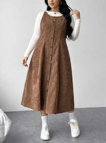 SHEIN EZwear Plus Size Corduroy Dress, For Winter - Brown - View 3