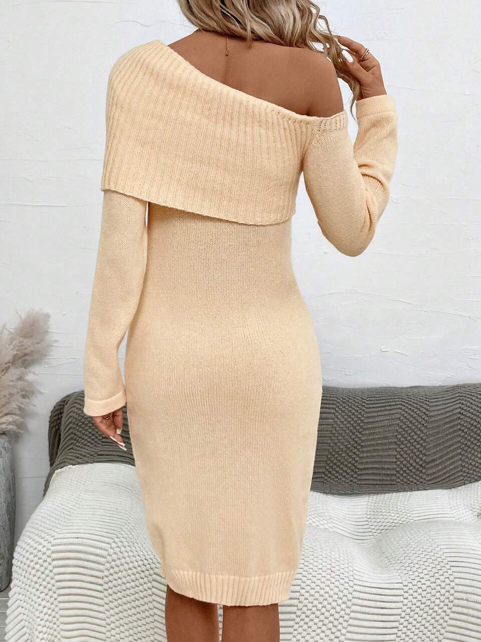 Foldover Asymmetrical Neck Sweater Dress Fall Cloth For Women