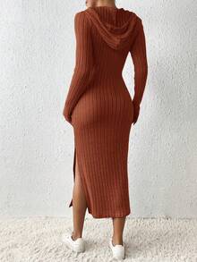 SHEIN Frenchy Quý cô Màu thuần Đầm có mũ Với Cao Bên Khe Và Dây rút - Rỉ Nâu - Xem 2