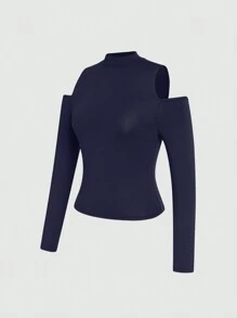 INAWLY 素色高領挖空細節修身T恤 - 淺藍色 - 查看 4