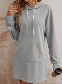 SHEIN LUNE 袋鼠口袋落肩袖抽繩連帽衛衣裙 - 深灰色 - 查看 6