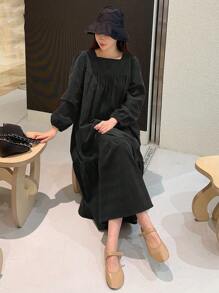 DAZY Solid Square Neck Ruffle Hem Smock Dress