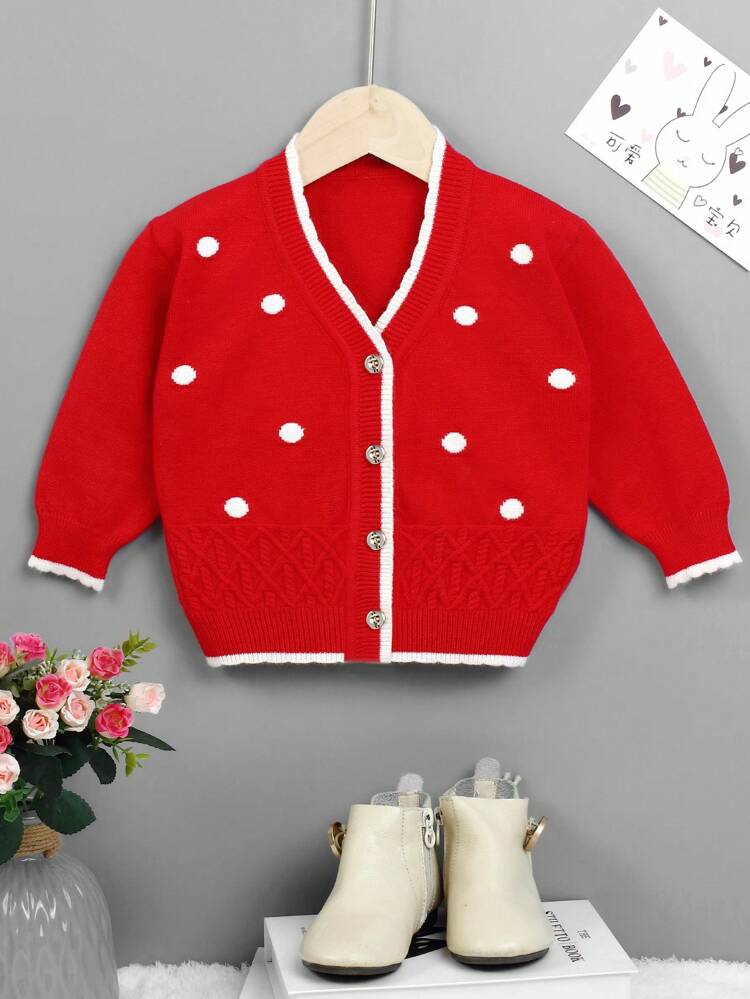 Baby Girl Polka Dot Pattern Contrast Trim Cardigan