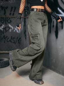 ROMWE Grunge Punk Flap Pocket Cargo Jeans Without Belt - Army Green - View 6