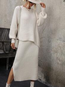 SHEIN LUNE Raglan Sleeve Sweater & Split Hem Knit Skirt