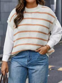 Calvaya 大碼條紋圖案針織上衣不帶襯衫 - 米色 - 查看 1