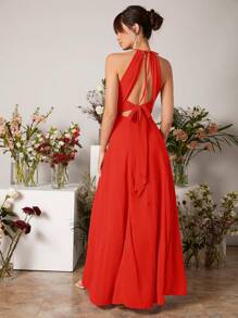 SHEIN Belle 前鎖孔後背繫帶高衩雪紡伴娘洋裝 - 紅色 - 查看 2