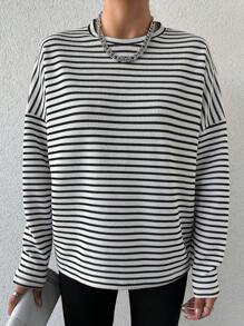 SHEIN 女用條紋圓領上衣 - 黑與白 - 查看 3