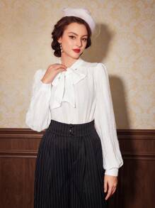 Vintamour Tie Neck Lantern Sleeve Blouse - White - View 5