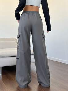 SHEIN EZwear 女裝側翻口袋工裝褲 - 深灰色 - 查看 2