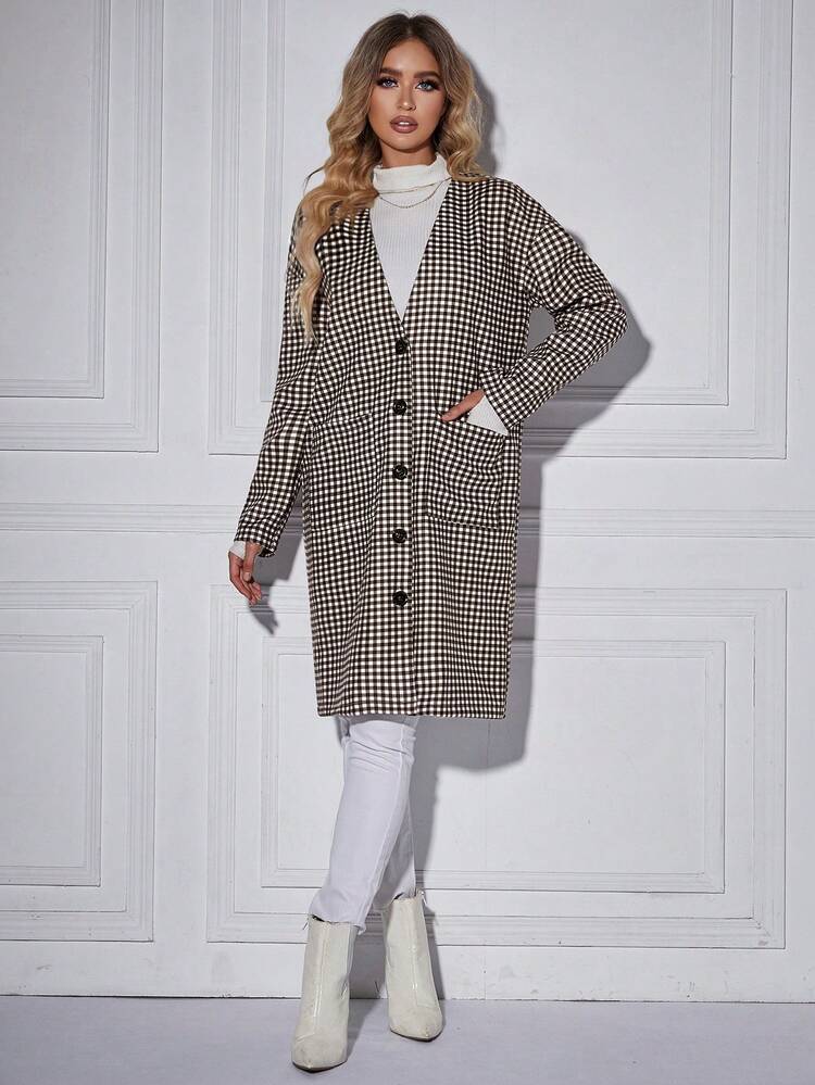 Plaid Print Dual Pocket Drop Shoulder Coat Fall Cloth For Women