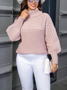Calvaya 大碼高領蝙蝠袖麻花編織套頭毛衣 - 粉色 - 查看 3