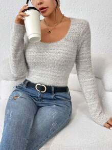 SHEIN Essnce Scoop Neck Fuzzy Sweater - Multicolor - View 6