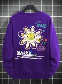 Manfinity Hypemode Men's Loose Fit Cartoon & Letter Print Drop Shoulder Sweatshirt - Purple - View 2