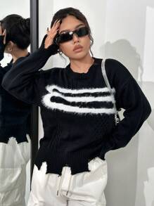 SHEIN Unity Fuzzy Trim Drop Shoulder Cable Knit Sweater Knit Pullover Fall Winter Outfit - Black - View 4