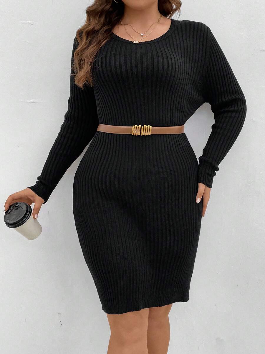 SHEIN Clasi Talla grande Vestido de punto tejido de canalé sin cinturón - Negro - Ver 1