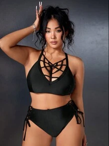 SHEIN Swim Curve 女士加大码纯色吊带泳衣套装 - 黑色 - 查看 6