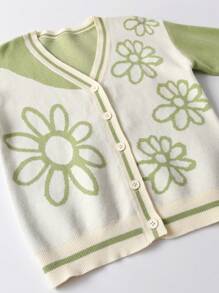 SHEIN Tween Girl Floral Pattern Striped Trim Drop Shoulder Cardigan - Green - View 4